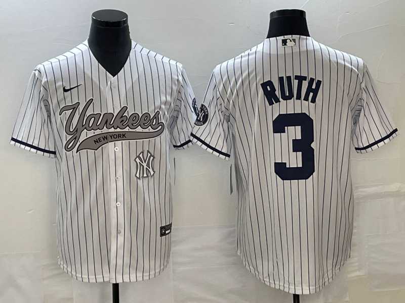 Men%27s New York Yankees #3 Babe Ruth White With Patch Cool Base Stitched Baseball Jerseys